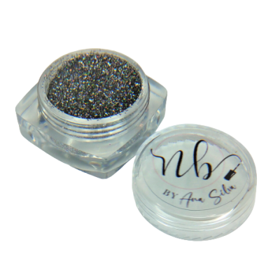 Pote de glitter preto e prata com tampa transparente e texto nb BY Ana Silva