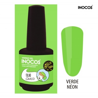 Frasco de verniz gel INOCOS verde néon com tampa preta e amostra de cor