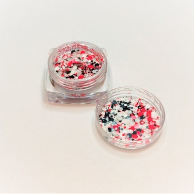 Frasco pequeno transparente com glitter colorido em confetes redondos