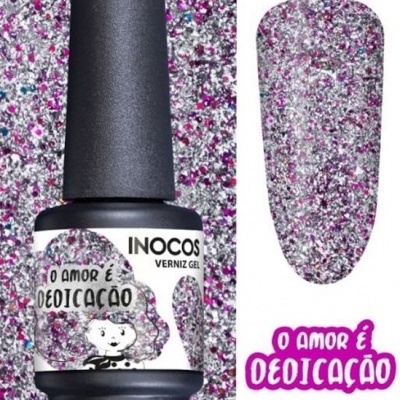 Verniz gel glitter rosa, prata e lilás com frasco e rótulo