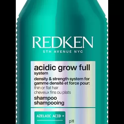 Frasco verde azulado de shampoo Redken acidic grow full 300 ml