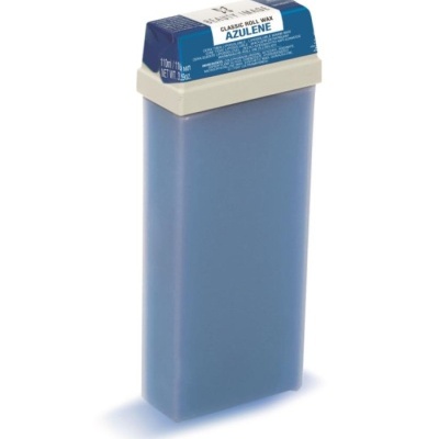 Cartucho de cera azul para depilação com tampa branca e etiqueta azul.