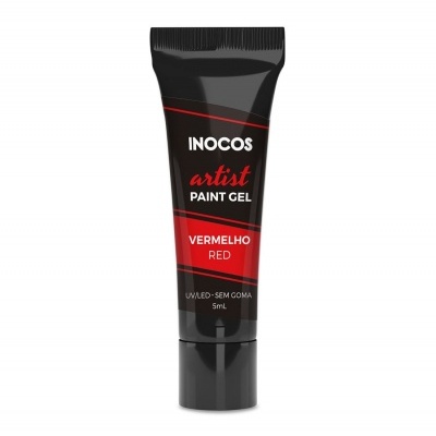 Tubo preto de gel para pintura INOCOS vermelho com texto em português e inglês