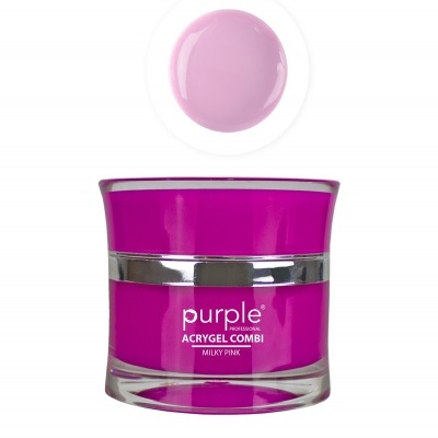 Frasco rosa de Acrygel Combi Purple Professional e amostra da cor rosa leitoso