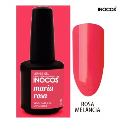 Esmalte gel INOCOS 'maria rosa' e amostra da cor rosa melância