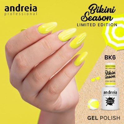 Unhas pintadas de amarelo com embalagem de verniz gel amarelo