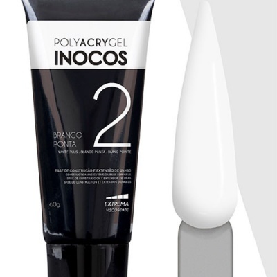 Tubo de cosmético preto e branco POLYACRYGEL INOCOS 2 e aplicador branco em fundo branco
