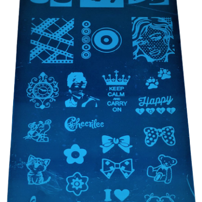 Placa metálica azul com desenhos brancos variados e texto