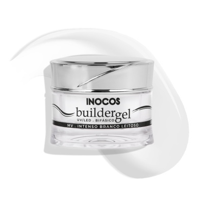 Frasco de gel para unhas Inocos Buildergel branco e prateado com texto