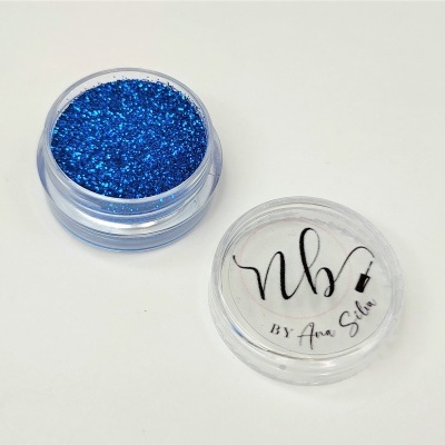 Pote de glitter azul com tampa transparente com texto nb by Ana Silva