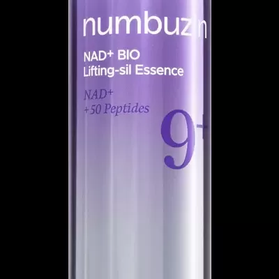 Frasco de essência facial Numbuzin NAD+ BIO Lifting-sil Essence com tampa prateada e rótulo roxo degradê