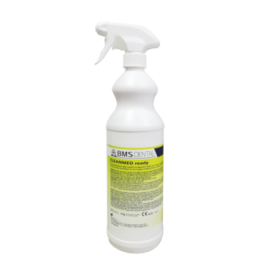 Frasco branco com pulverizador e rótulo BMS DENTAL CLEANMED ready