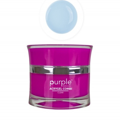 frasco de gel transparente com tampa roxa e faixa prata