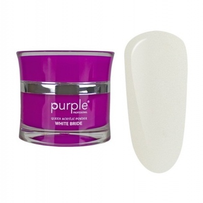 Pote roxo de pó acrílico para unhas com rótulo 'QUEEN ACRYLIC POWDER WHITE BRIDE' e amostra de cor branca