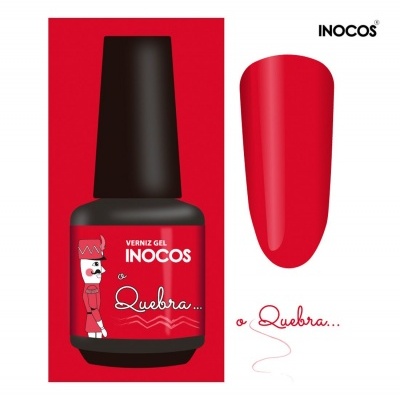 Verniz gel INOCOS vermelho com rótulo e amostra de cor