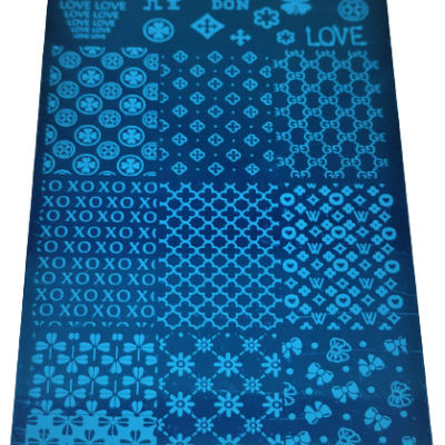 Placa de carimbos para unhas azul escura com desenhos brancos variados e textos distintos