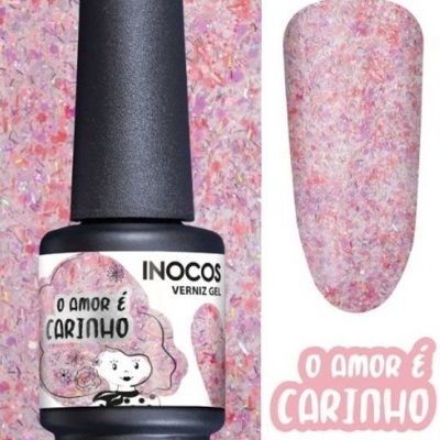 Frasco de verniz gel INOCOS com rótulo e amostra de cor rosa texturada.