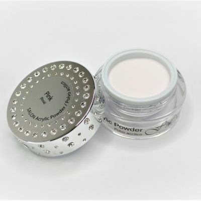 Pote transparente com pó em creme rosa claro e tampa prateada com pedras brilhantes