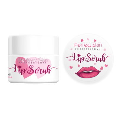 Frasco branco de esfoliante labial Perfect Skin Lip Scrub com tampa e ilustrações de lábios e corações.