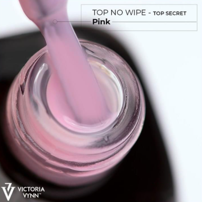 Frasco de verniz rosa aberto com texto TOP NO WIPE - TOP SECRET Pink
