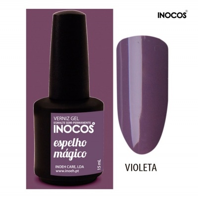 Frasco de verniz gel INOCOS e amostra de cor violeta