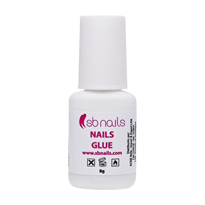 Frasco branco pequeno de cola para unhas sb nails com etiqueta e tampa branca