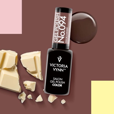 Frasco de verniz em gel marrom escuro Victoria Vynn nº094 com chocolate branco.