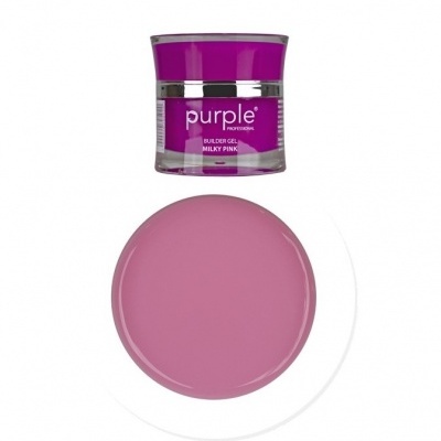 Frasco de gel para unhas roxo com rótulo e amostra da cor rosa leite.