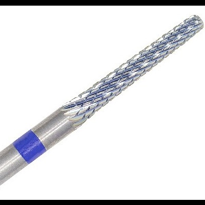 Broca de metal prateada com anel azul e textura metálica azul prateada no topo