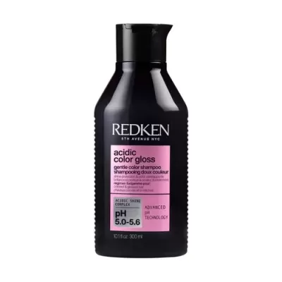 Frasco preto de champô Redken acidic color gloss com etiqueta rosa