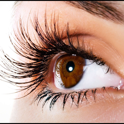 Olho castanho com pestanas postiços longas e volumosas