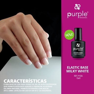 Mão feminina com unhas naturais e frasco de verniz em gel Purple Professional Elastic Base Milky White