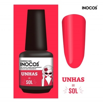 Verniz gel vermelho INOCOS 'Unhas ao Sol' com amostra de cor
