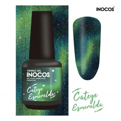 Verniz gel INOCOS Cateye Esmeralda com efeito iridescente verde e azul