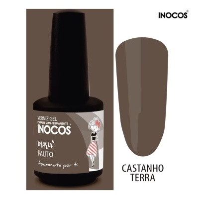 Verniz gel INOCOS castanho terra com rótulo e amostra da cor