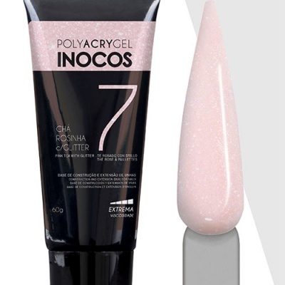 Frasco preto de gel para unhas POLYACRYGEL INOCOS 7 Chá Rosinha Glitter com amostra da cor rosa com brilho