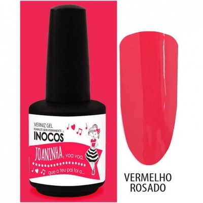 Frasco de verniz gel preto com rótulo cor-de-rosa e amostra de cor vermelha rosado