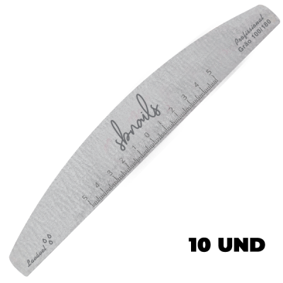 Lixa de unha cinza com marcações e texto