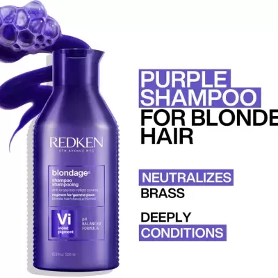 Frasco roxo de shampoo Redken Blondage para cabelo loiro com texto em fundo branco