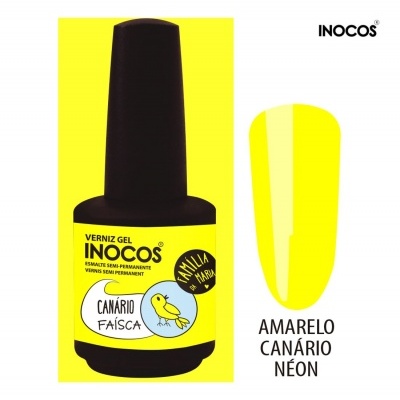 Frasco de verniz gel amarelo com etiqueta e amostra da cor