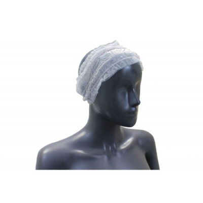 Touca descartável branca em tecido não tecido com elástico numa cabeça de manequim preto