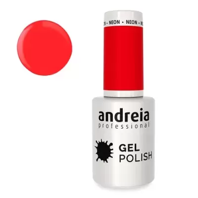 Frasco de verniz gel vermelho neon Andreia Professional com círculo vermelho ao lado