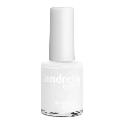 Frasco de verniz de unhas branco com tampa e texto da marca Andreia Rocket.