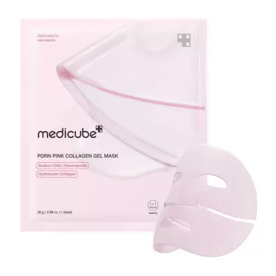 Máscara facial em gel rosa e embalagem rosa com texto medicube PDRN PINK COLLAGEN GEL MASK