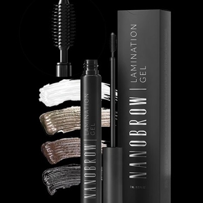 Gel para sobrancelhas Nanobrow Lamination Gel com caixa preta e quatro tonalidades de gel em fundo preto.