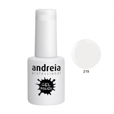 Frasco branco de verniz gel da Andreia Professional com amostra da cor branca nº 219