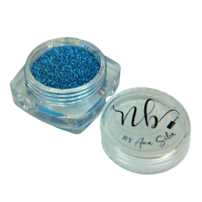 Pote transparente com glitter azul e tampa com texto nb BY Ana Silva