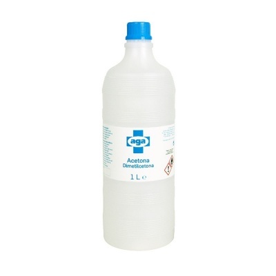 Frasco plástico branco com tampa azul e rótulo da acetona