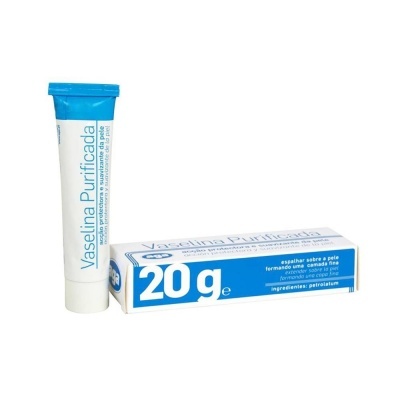 Tubo e caixa de Vaselina Purificada 20 g com texto em português
