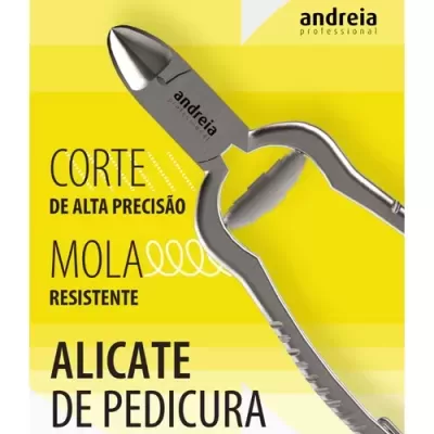 Alicate de pedicura em metal prateado com texto promocional amarelo